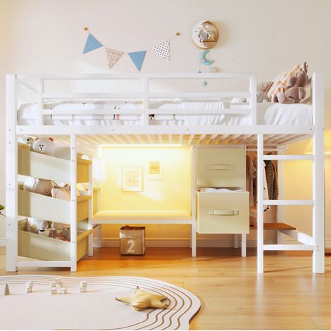 Letto semialto 90x200 cm, con cuscino di seduta, luci LED multicolore, vano appendiabiti, metallo bianco (1/5)