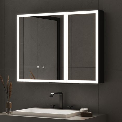 Spiegelschrank Bad mit Beleuchtung 80x60 cm LED Spiegelschrank mit Beleuchtung Badschrank Hängeschränke mit 3 Einstellbare Lichtfarben, Beschlagfrei, Schwarz