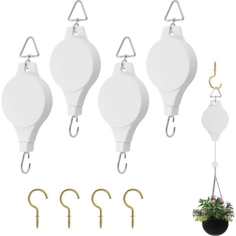 4pcs Crochet Suspension Plante Poulies Rétractables pour Plantes Poulies pour Suspendre des Plantes Convient pour Pots de Fleurs de Jardin, Jardinières Suspendues, Mangeoires à Oiseaux (Blanc) (1/5)