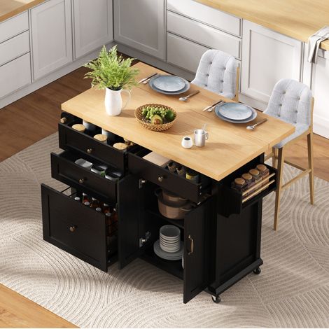 Isla de cocina 107x45-70x90.5 cm negro y natural en MDF con ruedas, tablero extensible y amplio almacenaje (1/5)