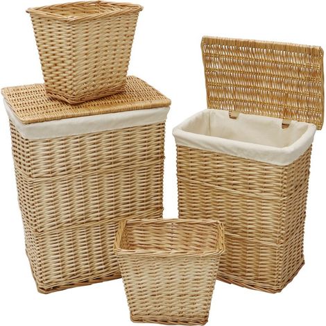 Acacia Set of 2 Rectangular Laundry Willow Baskets with 2 Waste Paper Baskets, Honey Finish (1/3)