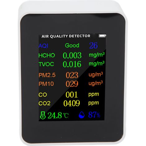 Moniteur de qualité de l'air - Détecteur de dioxyde de carbone - Testeur précis de CO, CO2, PM2.5, COVT, HCHO - Alarme de température et d'humidité - Blanc (1/5)
