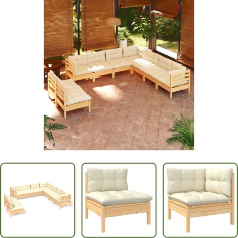 Terrassensofa - 9-tlg. Garten-Lounge-Set mit Creme Kissen Massivholz Kiefer (1/5)