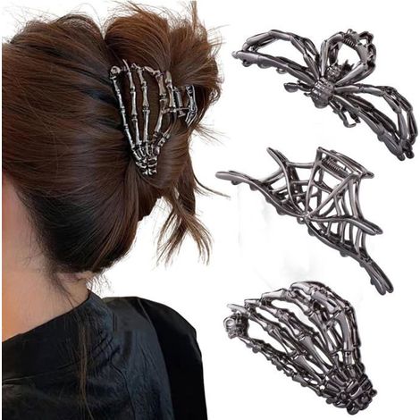 BelleRise - Ensemble de 3 pièces : Pince à cheveux tête de mort en forme de toile d'araignée noire (Pistolet noir) (1/4)