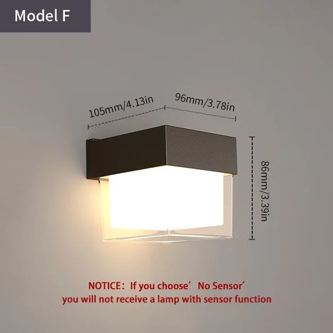 (Modèle F 6W - Blanc chaud - Sans capteur) Applique murale LED extérieure avec détecteur de mouvement PIR, AC85-265V, ABS étanche, style moderne, pour intérieur, balcon, porche ou jardin. (1/5)