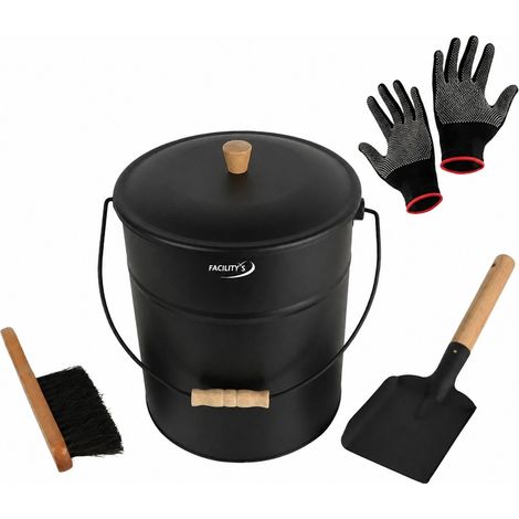 Seau cendres couvercle 15 L acier noir - kit 4 accessoires cheminée (1/5)