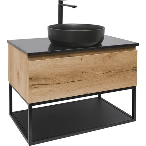 Ensemble meuble suspendu SAT B-Way avec vasque à poser et plateau Technistone et cadre et mitigeur - Chêne (1/5)