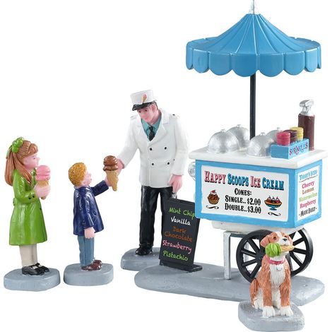 Carretto di gelati con bambini e cane, personaggi per villaggio di Natale in poliresina