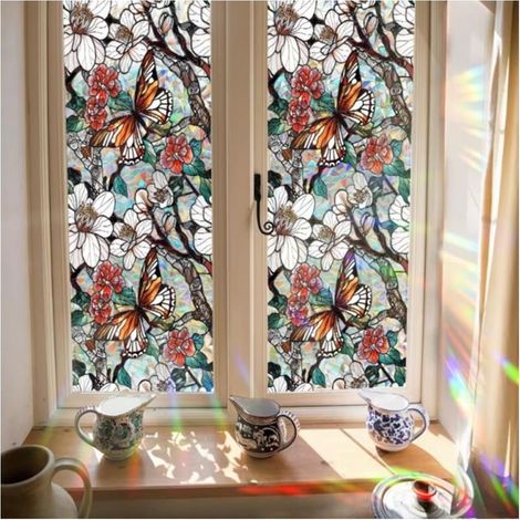 Film adhésif pour vitres à motif floral, effet vitrail, arc-en-ciel, anti-UV et statique (papillon) - 1 pièce (1/5)