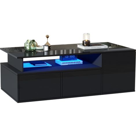 ELVMI Tavolino da Salotto con 2 Cassetti, 1 Vano Aperto e LED, Contenitore Laterale, in Truciolare, Nero (1/5)