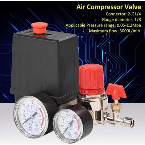 Pressostat Compresseur d'air, Compresseur d'air 12 bar, Pression du Pressostat avec manomètres pour régulateur de soupape de commande de commutateur de réduction de pression rapide (1/5)