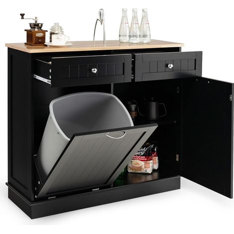 GOPLUS Buffet de Cuisine 100x35x90,5CM-Îlot de Cuisine avec 2 Tiroirs,1 Armoire à Poubelle,1 Armoire à 2 Étages Réglable-Plateau en Caoutchou,Noir (Poubelle non inclus) (1/5)