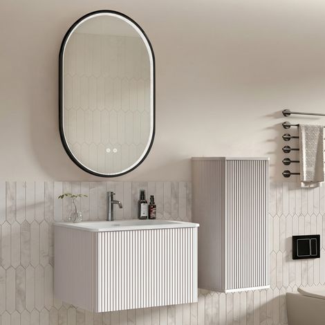 Set meuble vasque 60cm avec lavabo, meuble latéral et miroir LED ovale cadre noir, blanc, salle bain design, éclairage élégant (1/5)