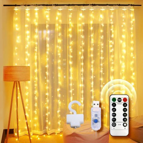 Curtain String Lights, 3M3M Curtain Lights, LED 8 Lighting Modes, USB Curtain Lights, Indoor and Outdoor Christmas Decoration (Warm White)