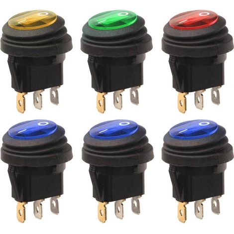 6pièces 12V 24VDC 20A Interrupteurs à Bascule LED Lumière,(1xRouge/Jaune/Vert,3xBleu)3Pin SPST Étanche Rond Bouton de Commande Commutateur on/Off,pour Voiture Auto Bateau Camion (1/5)
