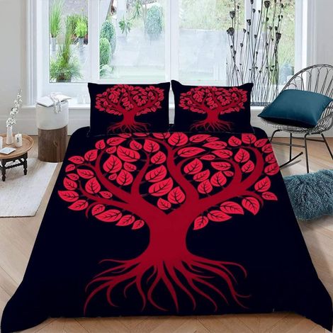 Bettwäsche-Set 155x220 cm mit 2 Kissenbezügen 80x80 cm, 3D Roter Baum Motiv, Mikrofaser
