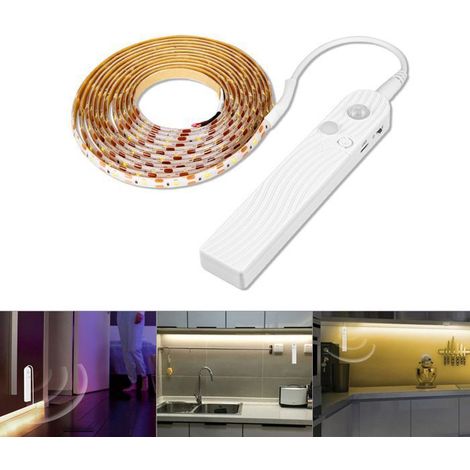 BelleRise - Bande lumineuse LED rechargeable à détecteur de mouvement et à intensité variable placard, couloir, escaliers(3 m, blanc chaud) (1/4)