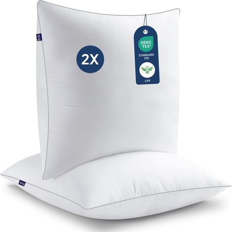Oreiller 80x80 Lot de 2, Anti-acarien Anti-Transpiration Hypoallergénique, Oreiller Garnissage 100% Fibre Polyester, Ultra Confort Moelleux et Excellent Soutien (1/5)