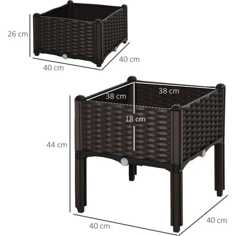 Jardinière surélevée double, aspect rotin, 80 x 40 x 44 cm avec trous de drainage, en polypropylène marron, pour jardin ou balcon. (1/5)