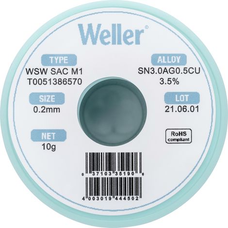 Weller T0051386570 Lötzinn, bleifrei Spule, bleifrei Sn3,0Ag0,5Cu  10 g 0.20 mm
