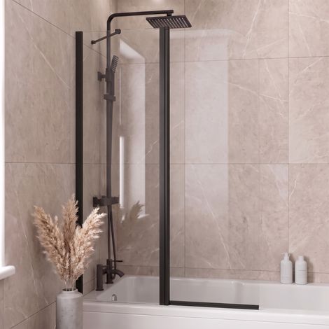 Black 2-Panel Folding Over-Bath Shower Screen 1000 x 1400mm – 6mm Clear Toughened Safety Glass, 180° Pivot (1/5)