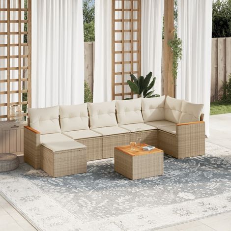 Ensemble Salon Jardin 8 Places Beige Résine Tressée avec Coussins - Table Acacia, Stockage Eau, Modulaire (1/3)