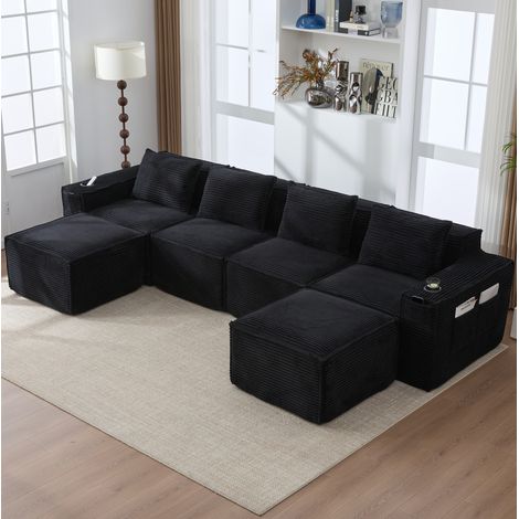 Modulares Sofa 330x162x75 cm, Federkern und Schaumstoff, Getränkehalter und Taschen, Kordstoff, Schwarz (1/5)