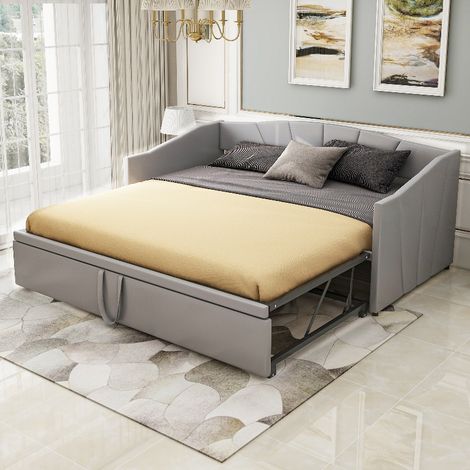 Ausziehbares Polsterbett 90x200 auf 180x200 cm mit Lattenrost, platzsparendes Multifunktionsbett und Schlafsofa aus Samt für Gästezimmer, Grau (1/5)