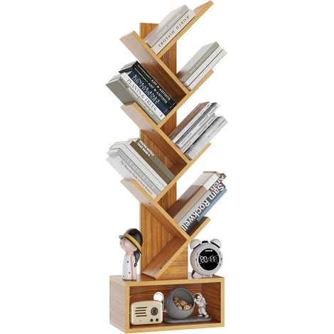 Bibliothèque d'arbre, Étagère à Livres sur Pied, Étagère de Rangement pour Magazines, CD, pour Salon, Chambre, Bureau, 112 cm, Couleur Bois Naturel (1/5)