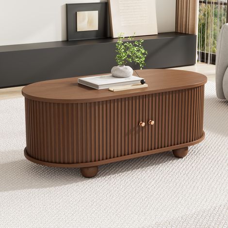 Oak Oval Coffee Table with 2 Sliding Doors & Hidden Storage - Rounded Corners, MDF, 100x50x40cm, Living Room Centre Table (1/5)