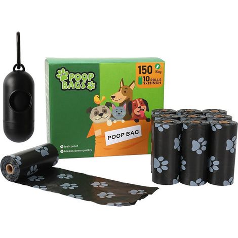 Sacs à déjections canines avec distributeur, sans parfum (10 rouleaux, 15 sacs par rouleau, total 150 pièces) (1/4)