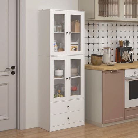 Armoire de cuisine haute avec 4 portes vitrées, 2 tiroirs, étagères réglables, 59 x 30 x 170 cm, blanche