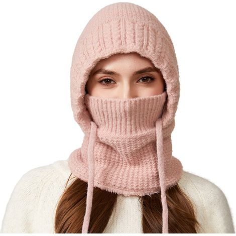 Tour de cou/masque en un, doublé polaire, épais et chaud, bonnet en laine rose, coupe-vent et protégeant les oreilles, idéal pour le vélo. (1/4)