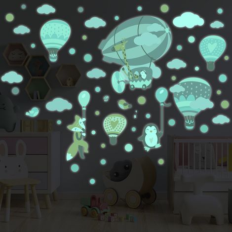 Sticker phosphorescent lumineux - MONTGOLFIÈRES ET ANIMAUX SALTIMBANQUES - Autocollant mural plafond enfant fluorescent - 30x40cm (1/5)