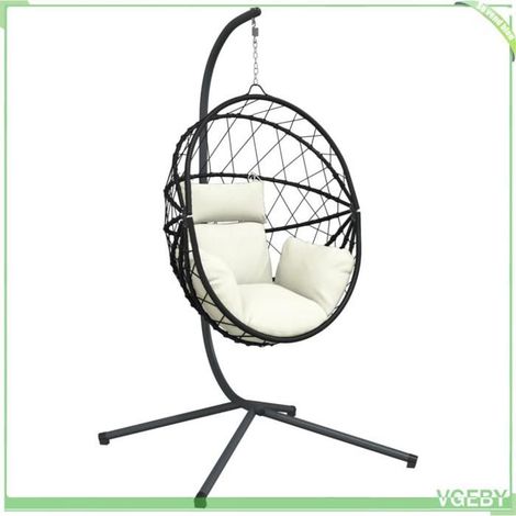Chaise suspendue en forme d'œuf - FAFEICY - 4007404 - Rotin et corde - Cadre acier pivotant - Coussin amovible beige (1/5)