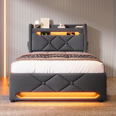 Polsterbett Einzelbett, Stauraum Kopfteil mit USB und Typ C-Port ,360-Surround-LED-Funktion rund um Kopf- und Fußende des, Betten mit Hydraulisch Stauraum, Leinen(Ohne Matratze)