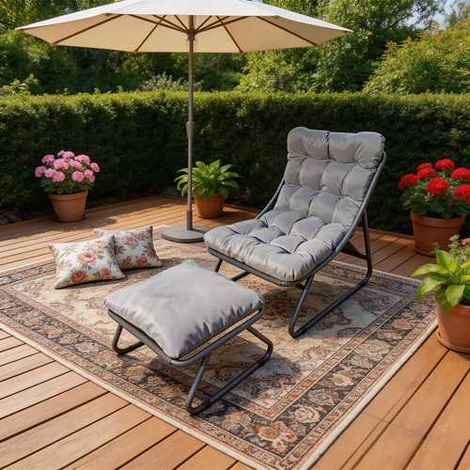 BIRCHTREE Sun Lounger Garden Reclining Lounge Chair with Footstool Balcony Camping Relax