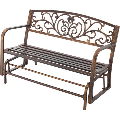 Mophorn Banco de jardín metálico de 127 cm con estructura de acero al carbono, respaldo de hierro fundido y reposabrazos, perfecto para exteriores como patios, acabado en color bronce antiguo.