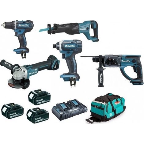 Pack premium de 5 machines MAKITA (Perceuse DDF482 - Meuleuse DGA504 - Perforateur DHR202 - Visseuse à chocs DTD152 - Scie) - 18V - 5Ah