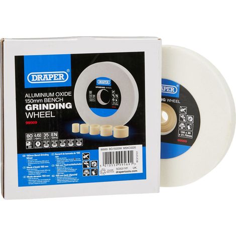 Draper Mola da banco in ossido di alluminio, 150 x 20 mm, grana 80, affilatrice per utensili HSS, 5 anelli di riduzione, taglio a secco, foro da 31,75 mm, 99569 (1/2)