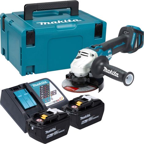 Amoladora angular a batería Makita DGA 511 Z de 18 V y 125 mm sin escobillas + 2 baterías de 9,0 Ah + cargador + maletín Makpac (1/5)