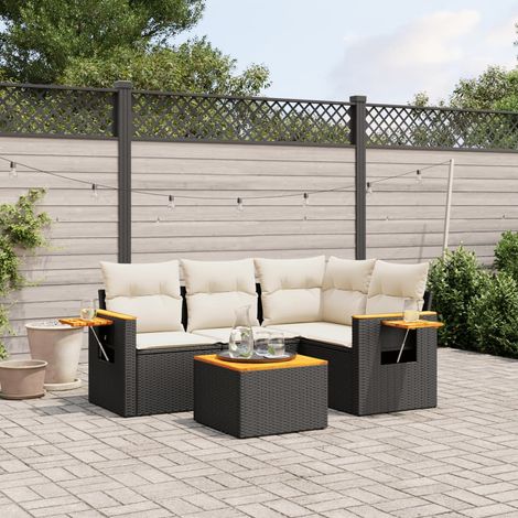 5-tlg. Garten-Sofagarnitur mit Kissen Schwarz Poly Rattan (1/3)