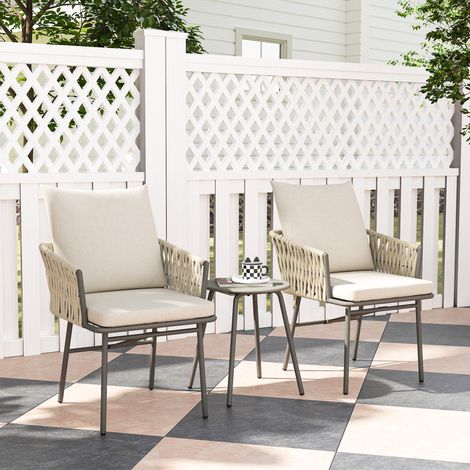 Conjunto de Muebles de Jardín de Ratán Sintético con 2 Sillas con Cojines Extraíbles y Mesa con Tablero de Metal Gris (1/5)