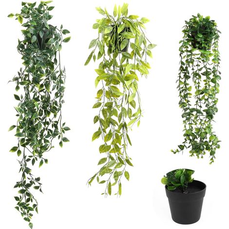 Plante Artificielle Tombante 3 Pièces, Fausse Plantes avec Pots Plantes Artificielles Suspendues Extérieure Intérieure Decoration pour Célébration Cuisine Jardin Bureau (Vert + Jaune)