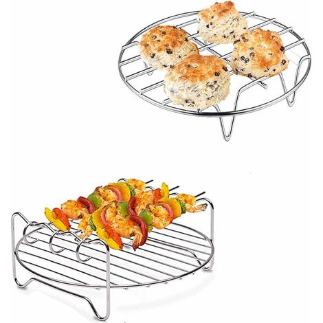 paquets de grilles pour friteuse à air en acier inoxydable à double couche, accessoire de cuisson pour friteuse à air avec 4 broches de cuisson - 8 pouces.