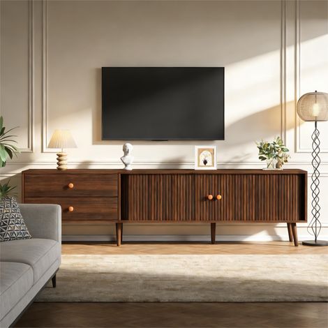 Meuble TV 180 x 40 x 46,5 cm en finition noyer, avec deux tiroirs, deux portes coulissantes et sept pieds. Convient aux téléviseurs jusqu'à 80 pouces. Meuble bas, meuble de salon, support TV (1/5)