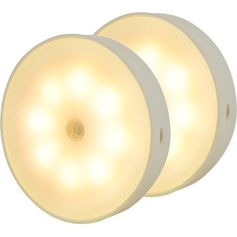 Veilleuse, capteur de mouvement intérieur magnétique avec coussinet en gel gratuit, bâton n'importe où, capteur sans fil rechargeable USB Lumière chaude Lot de 2