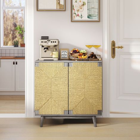 Buffet Bahut à portes doubles portes en corde de papier tressée à la main mélaminé aspect frêne gris étagère réglable (1/5)
