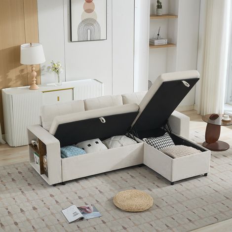 Canapé d'angle avec espace de rangement, canapé 3 places, canapé-lit en L pour salon, rangement latéral, charge 120 kg, 202x136x85cm, beige