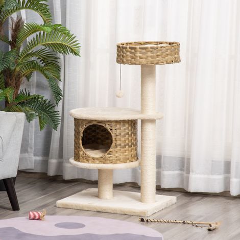 Tiragraffi per gatti 55x47x95 cm, con cuccia in PE rattan e palla sospesa, sisal e truciolato naturale (1/5)